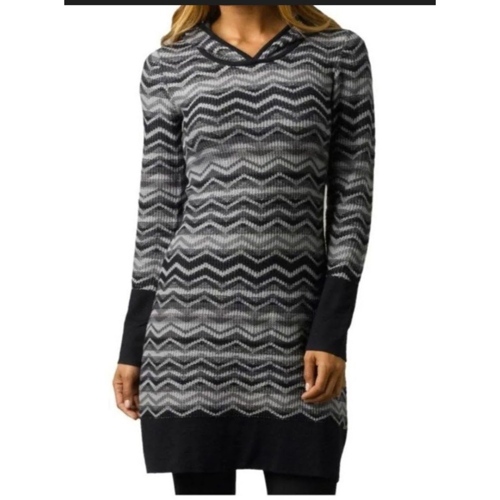 Prana Milana Hoodie Sweater Dress Chevron Zigzag Knit Grey‎ Purple Small